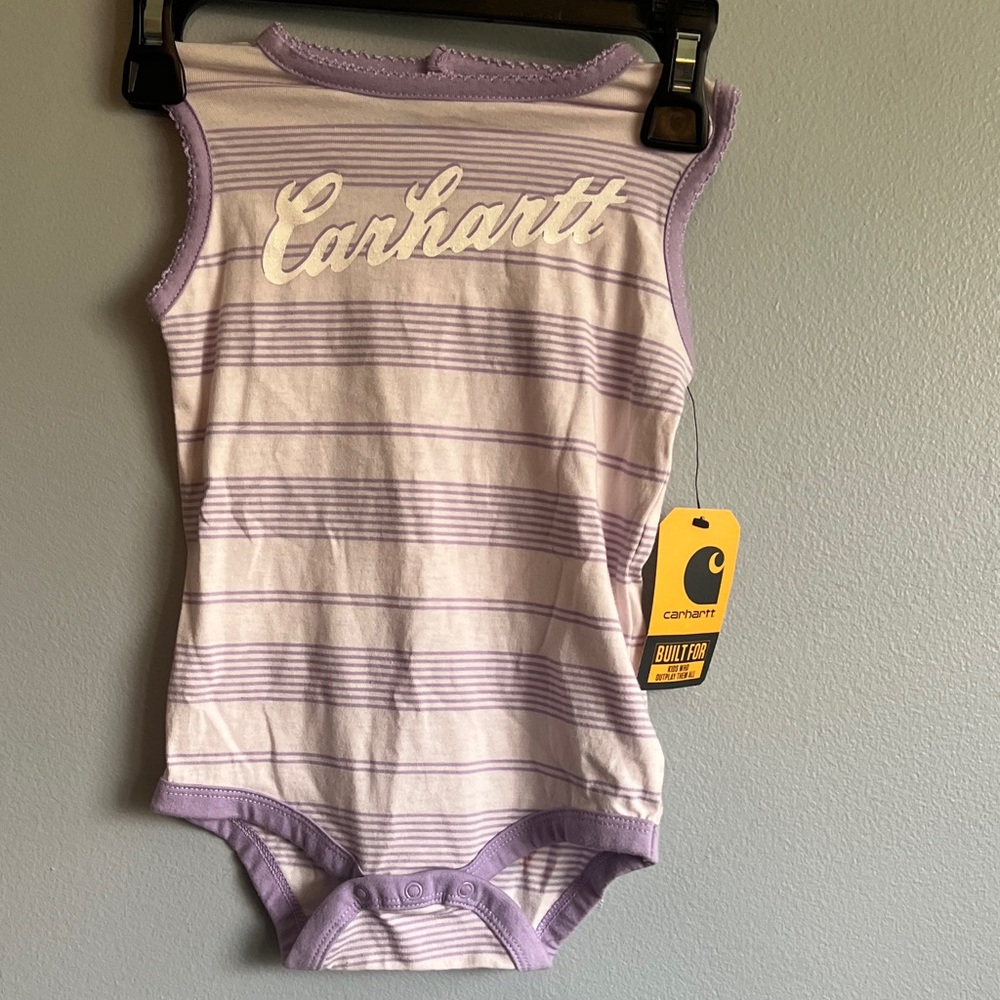 Carhartt  (Has Spot on back) and White Striped Girls' One-Piece Bodysuit 18 m